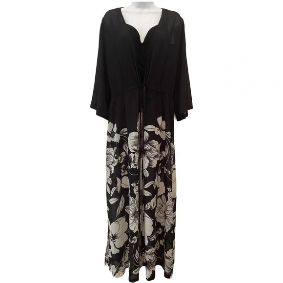 Jantzen 3/4 Sleeve Woven Maxi Duster Cover Up Black Floral Size M - Picture 5 of 15
